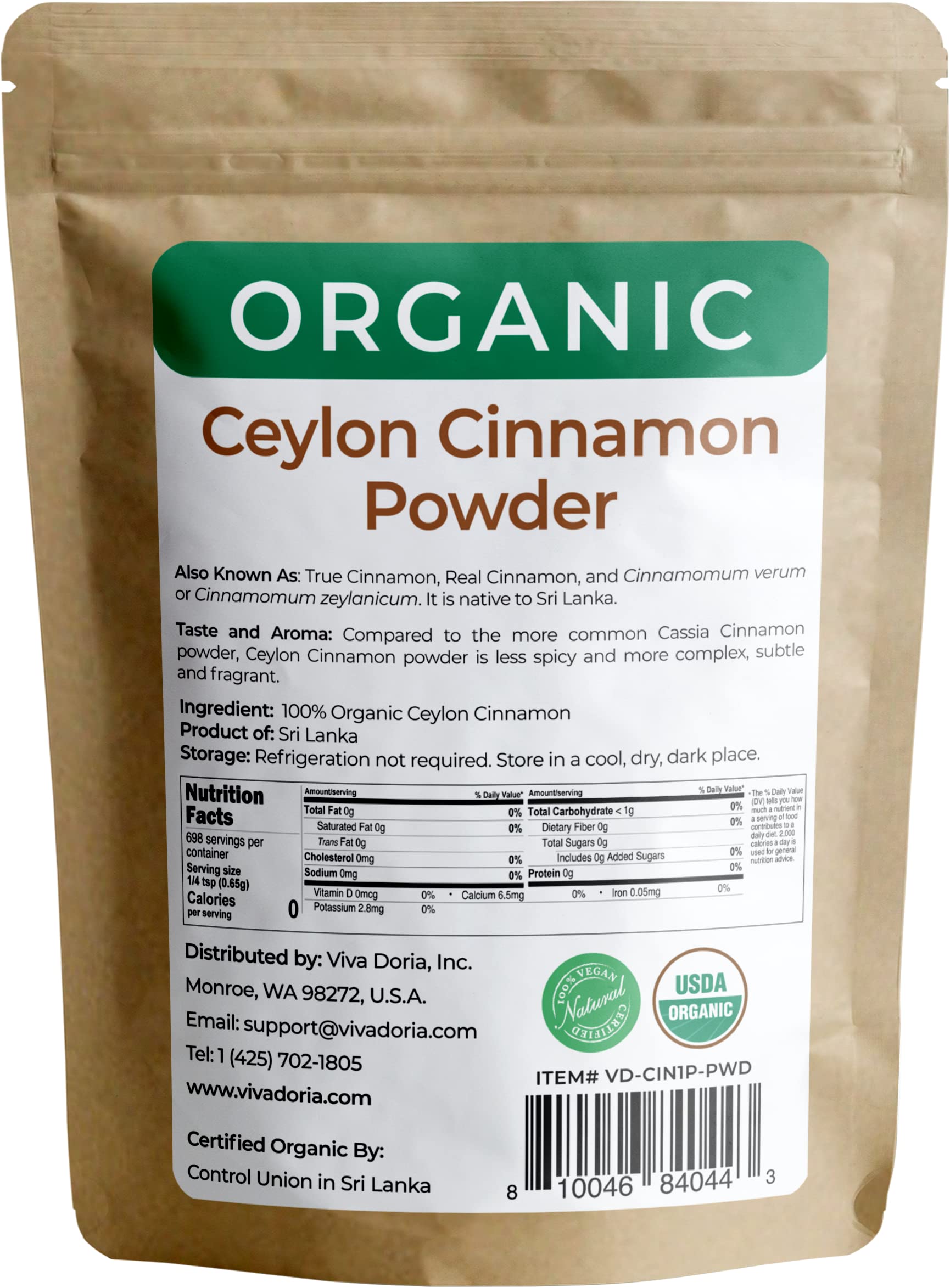 Viva Doria Organic Ceylon Cinnamon Powder kraft bag, resealable for easy storage and fresh flavor.