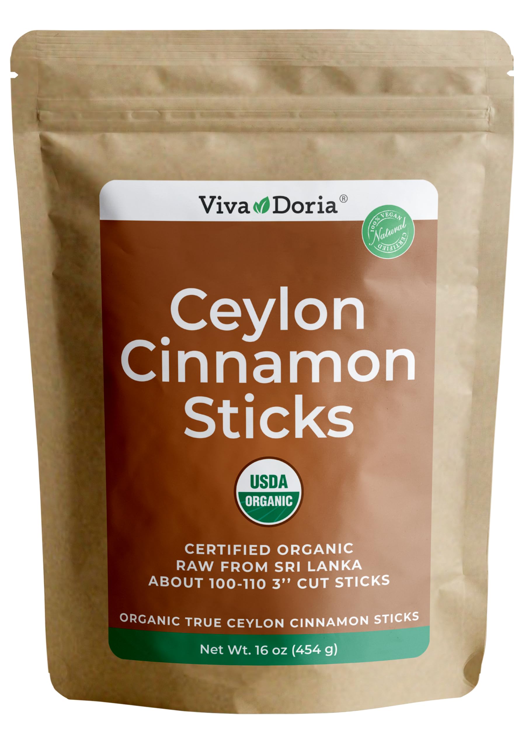 Viva Doria Organic Ceylon Cinnamon sticks, 3-inch cut, ideal for baking and beverages.