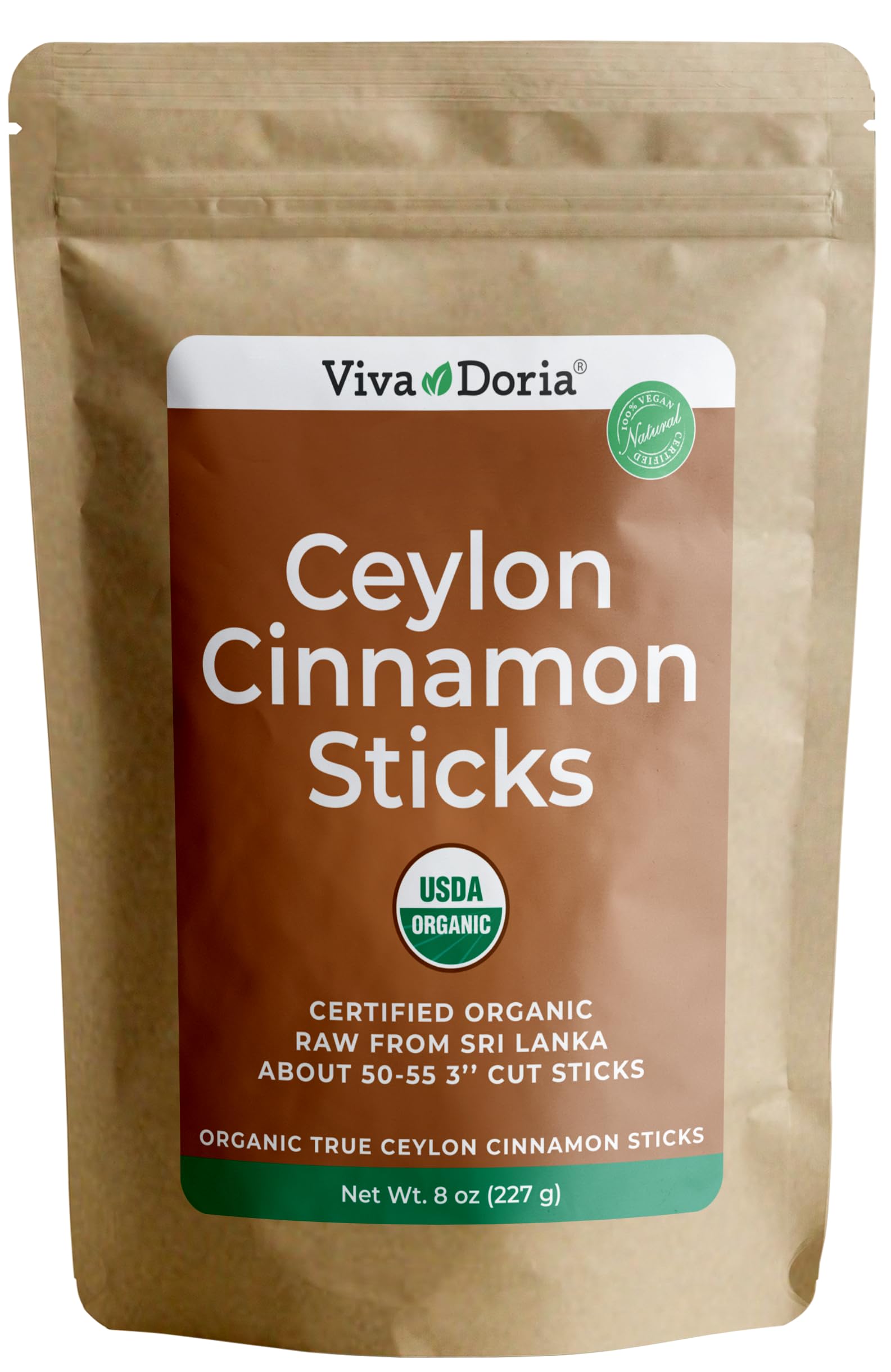 Viva Doria Organic Ceylon cinnamon sticks, 3-inch cut, ideal for tea infusions and baking.
