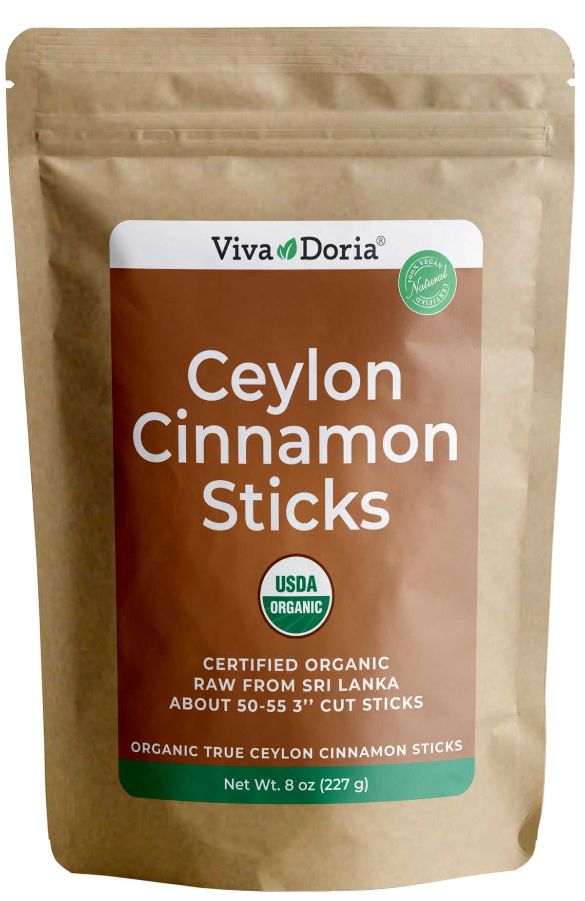 Viva Doria Organic Ceylon cinnamon sticks, 3-inch cut, ideal for tea infusions and baking.
