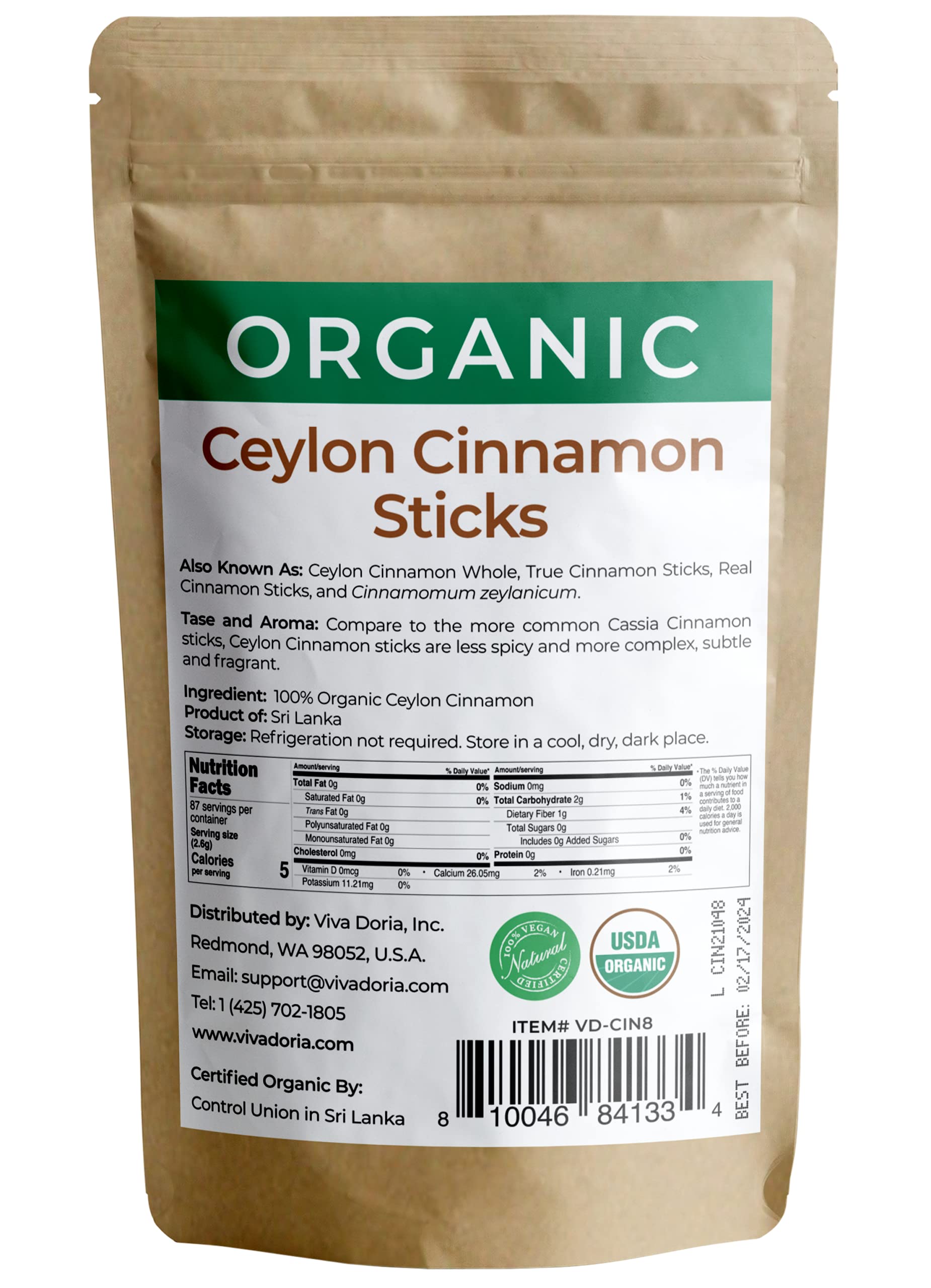 Viva Doria cinnamon sticks in resealable pouch preserving aroma for easy cooking.