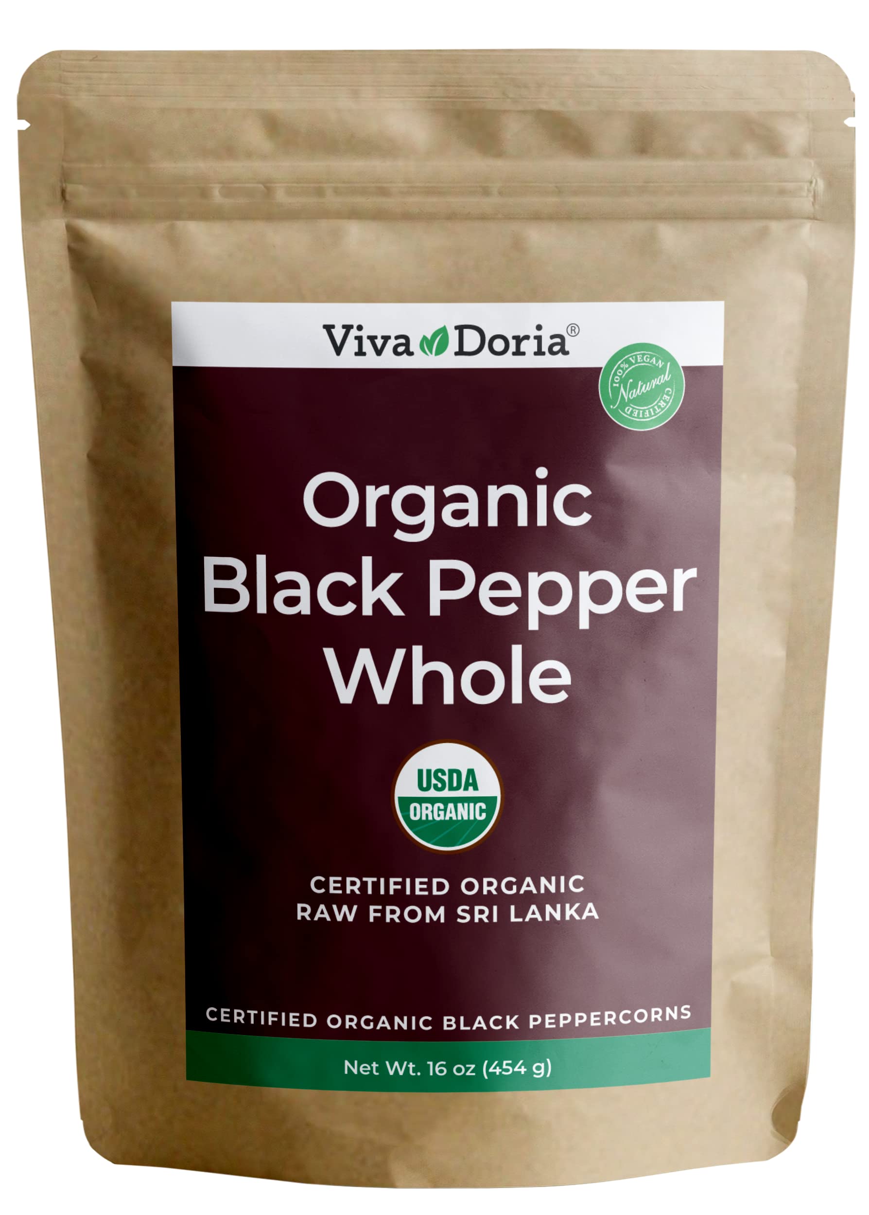 Viva Doria organic Ceylon peppercorns in a resealable bag for fresh flavor