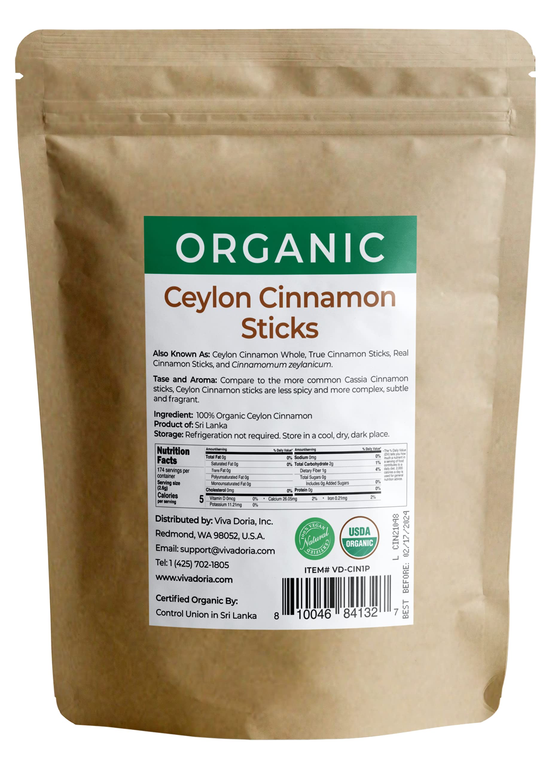 Viva Doria Sri Lanka origin cinnamon sticks, premium quality for warm flavors.