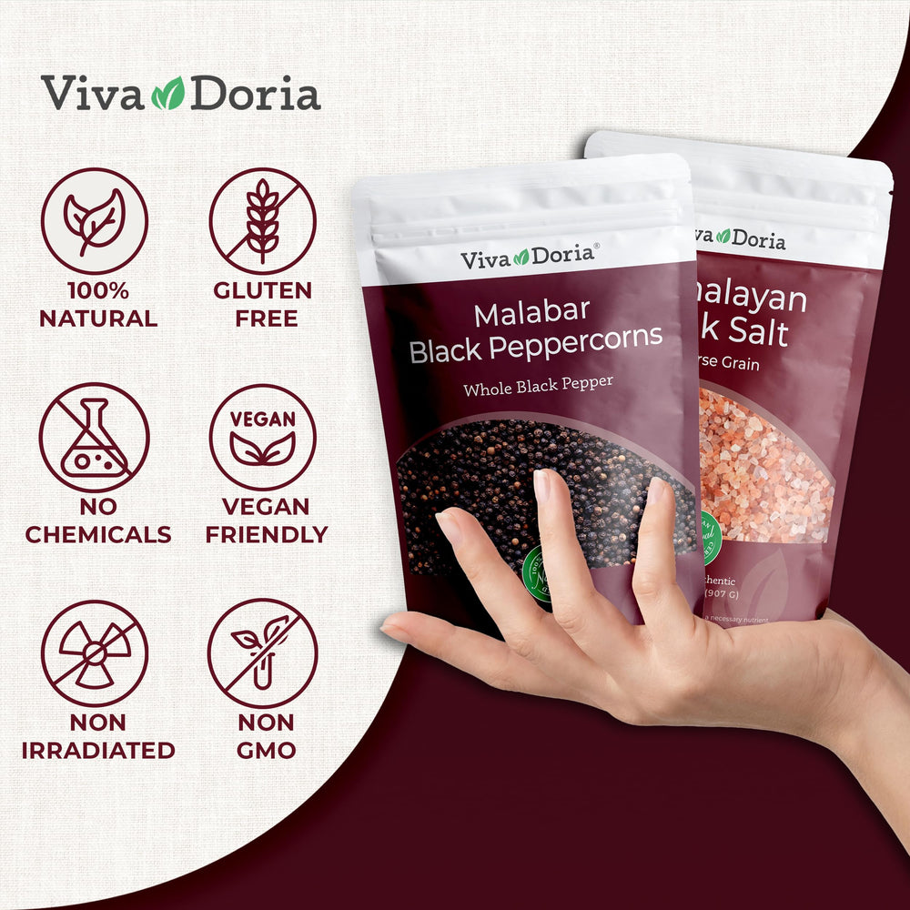 Viva Doria peppercorns in grinder for fresh flavor.