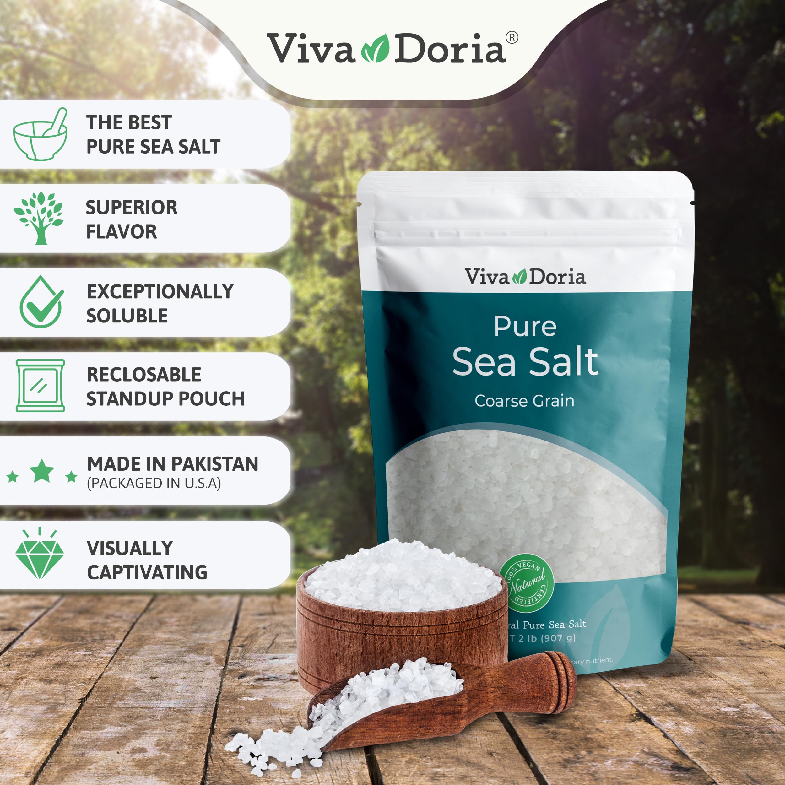 Viva Doria Pure Sea Salt grinder-ready coarse grains for easy seasoning.