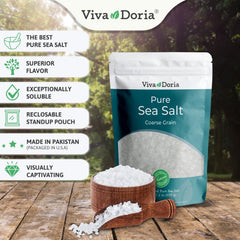 Viva Doria Pure Sea Salt grinder-ready coarse grains for easy seasoning.