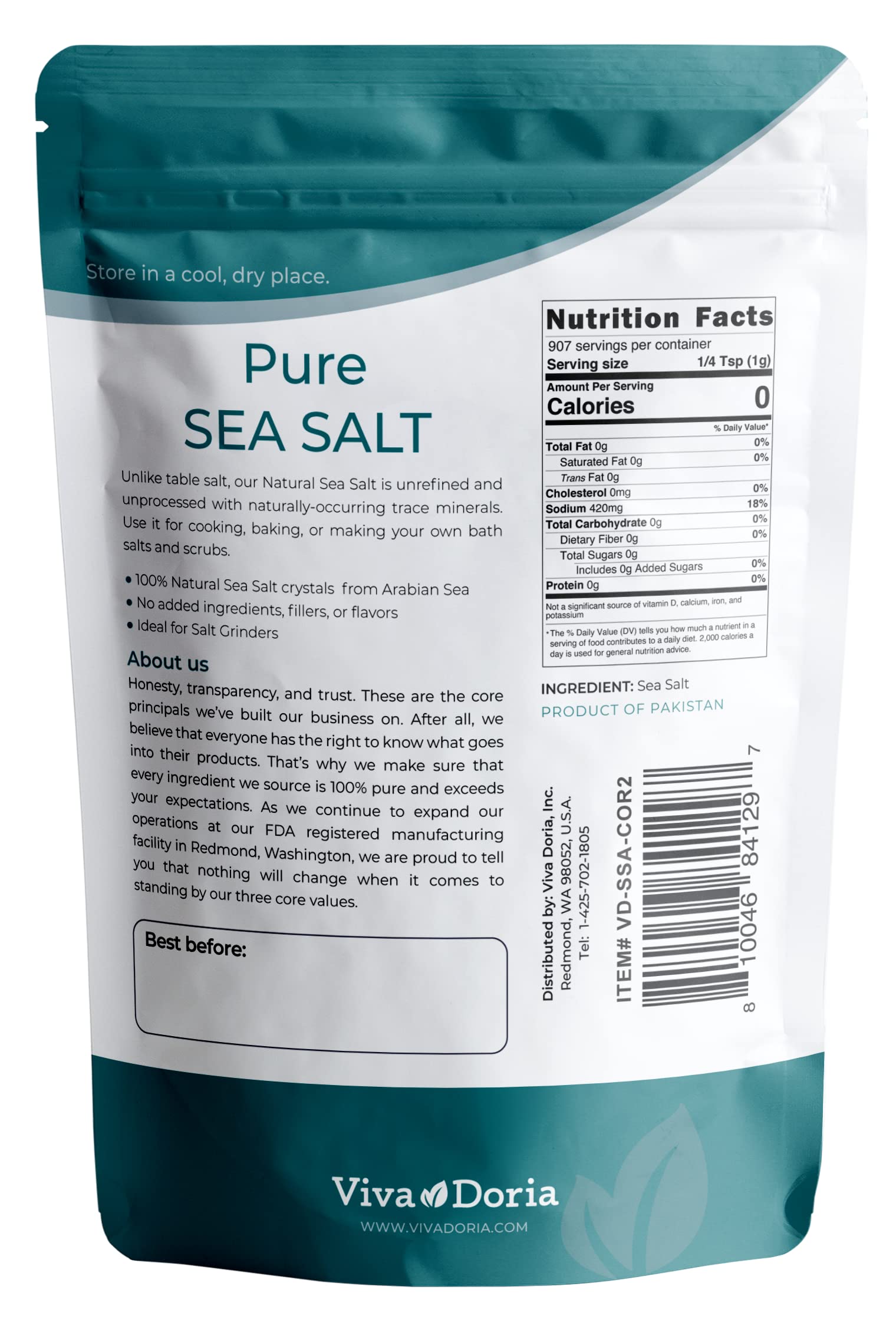 Viva Doria Pure Sea Salt packaging with a resealable pouch for kitchen use.