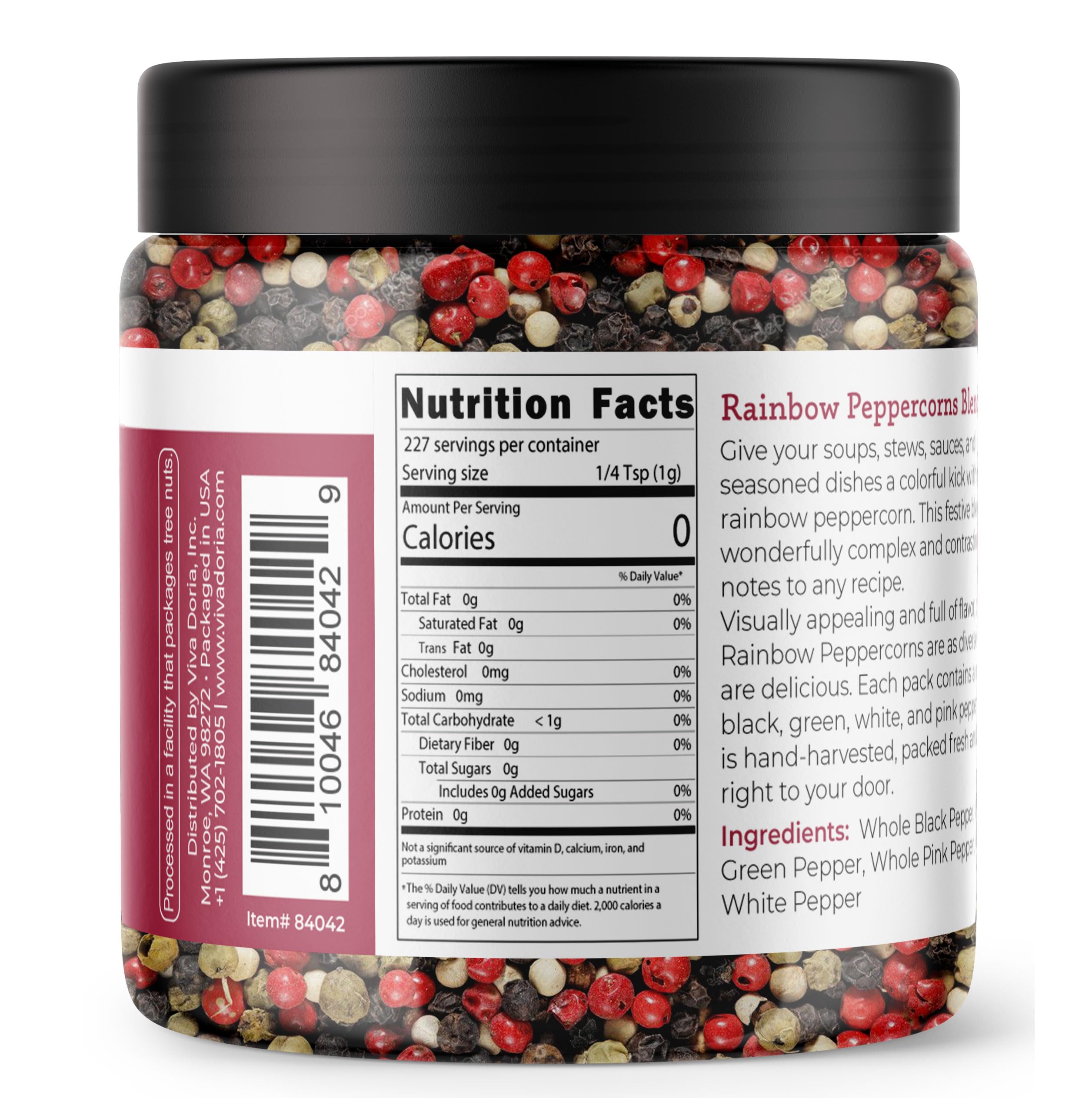 Viva Doria Rainbow peppercorns close-up showing vibrant color mix for dishes.