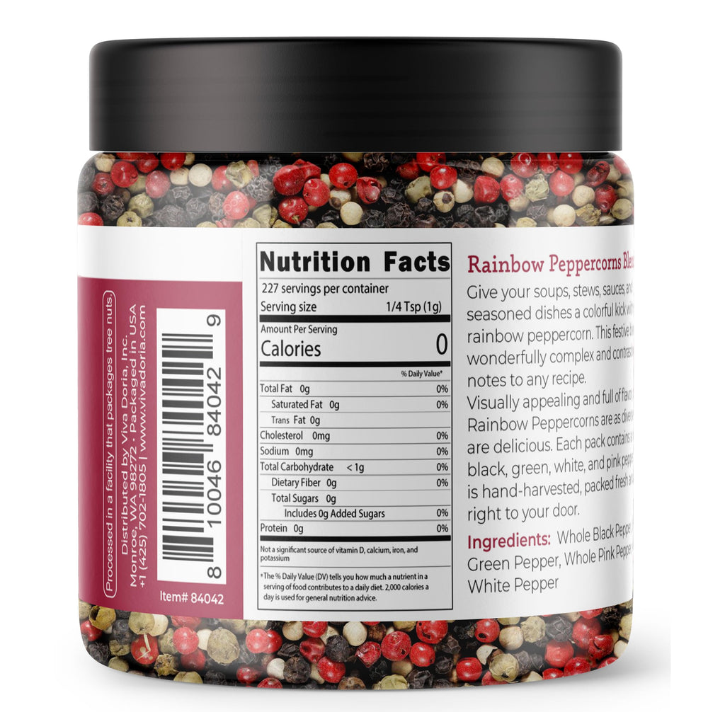 Viva Doria Rainbow peppercorns close-up showing vibrant color mix for dishes.