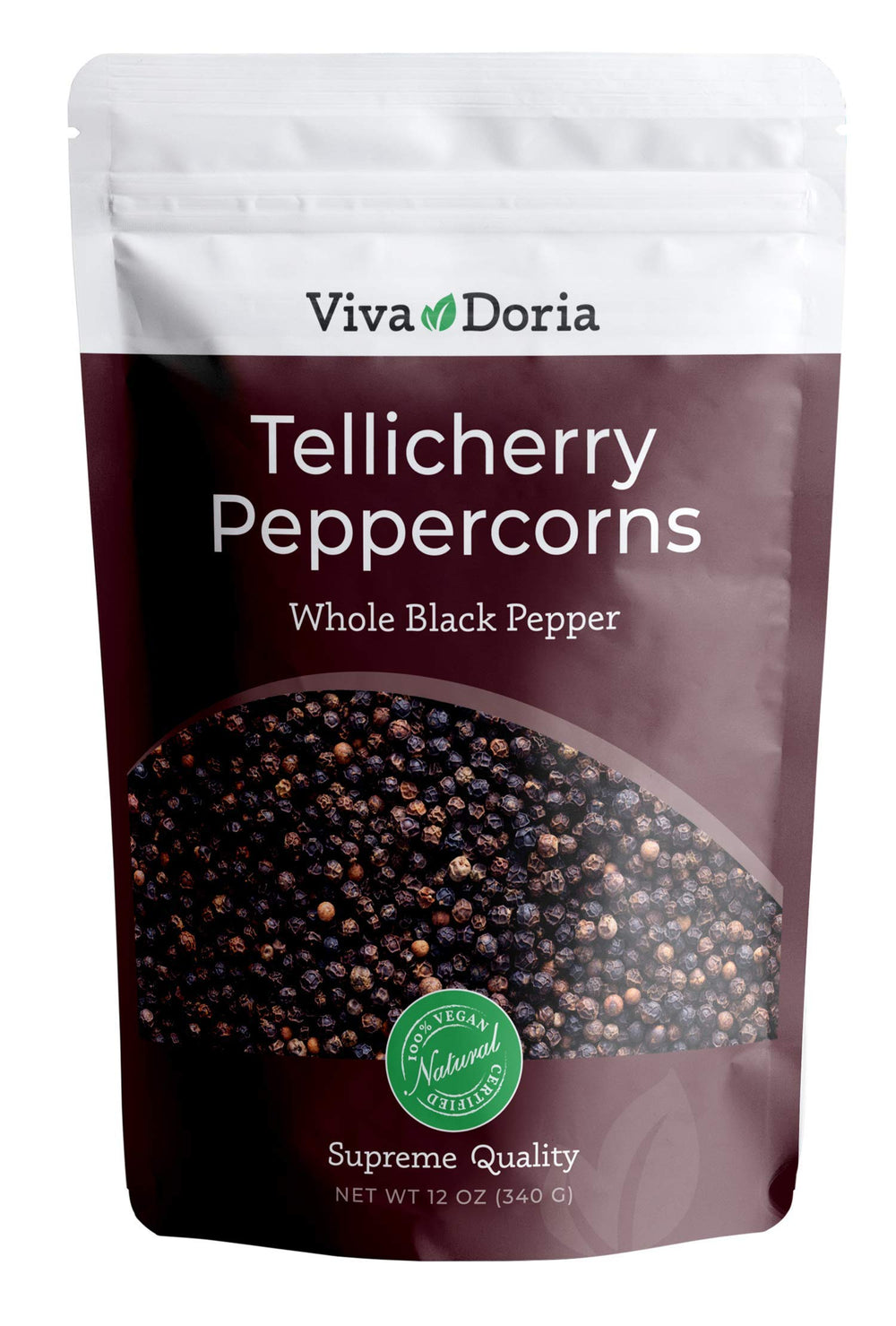Viva Doria Tellicherry peppercorns in a resealable bag delivering rich aroma for marinades.