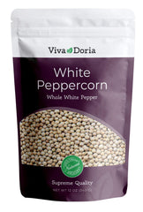 Viva Doria white peppercorn bottle pour for convenient grinder refill.