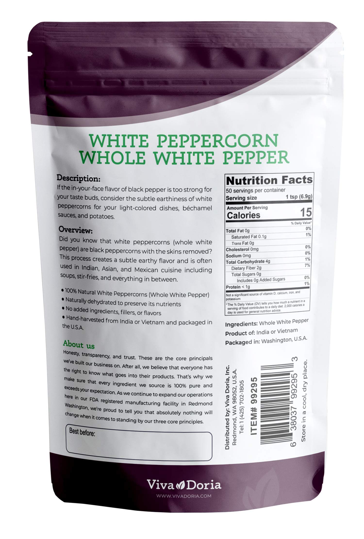 Viva Doria white peppercorn close-up showing delicate flavor notes for creamy sauces.