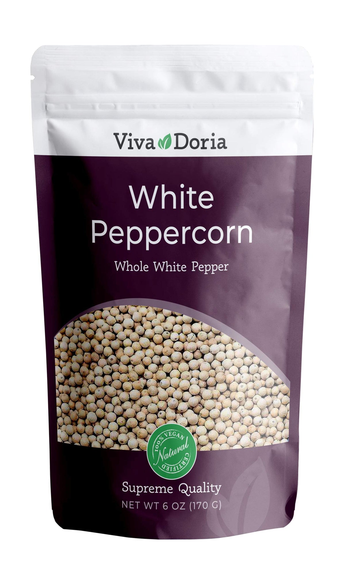 Viva Doria white peppercorns ready for grinder refill, delivering milder heat and citrus notes.