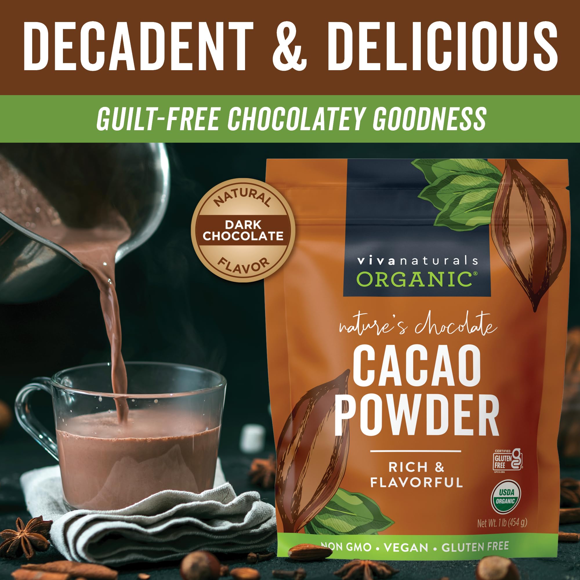 Viva Naturals cacao powder for baking – 1:1 substitute for cocoa in recipes.