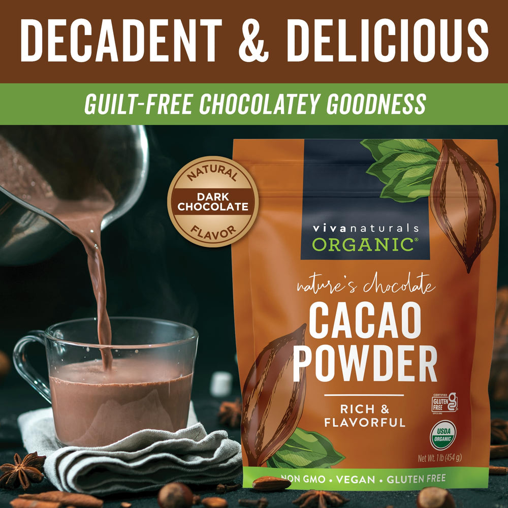 Viva Naturals cacao powder for baking – 1:1 substitute for cocoa in recipes.