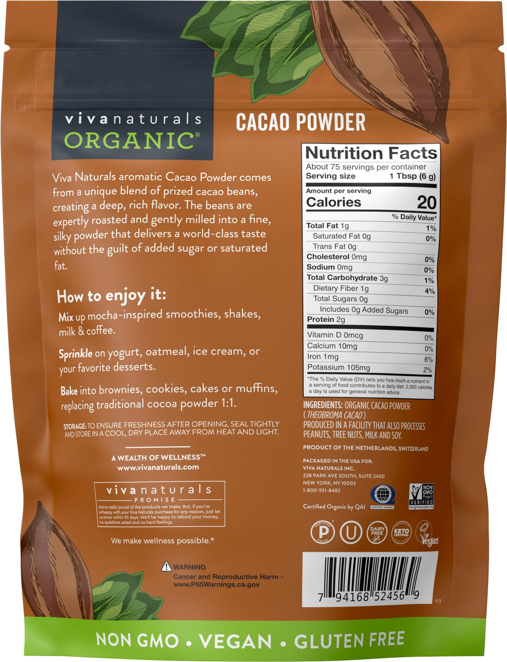 Viva Naturals cacao powder on spoon – smooth texture for baking and shakes.