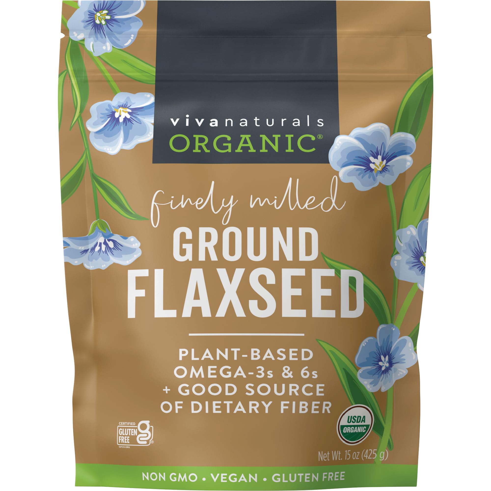 Viva Naturals ground flaxseed bag closeup highlighting premium organic quality for daily meals