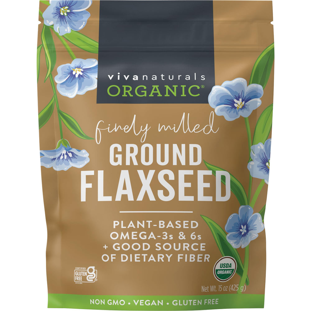 Viva Naturals ground flaxseed bag closeup highlighting premium organic quality for daily meals