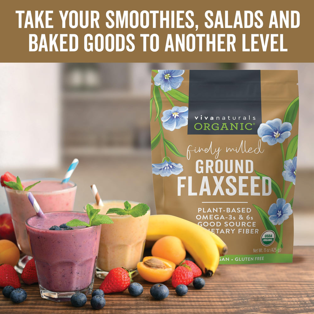 Viva Naturals flaxseed smoothie shot showing fiber and omega-3 benefits