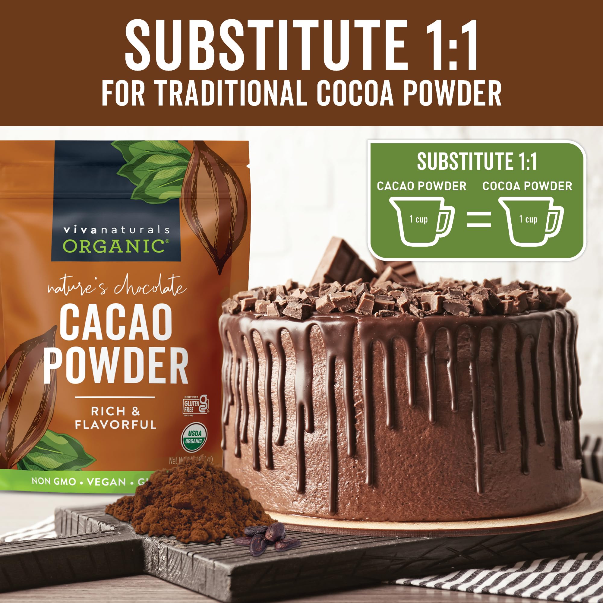 Viva Naturals organic cacao powder – non-GMO, certified organic, quality you can trust.