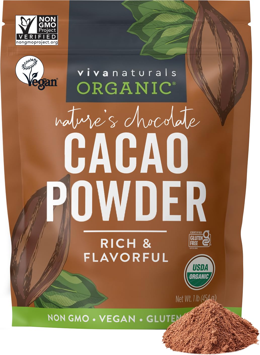 Viva Naturals Organic Cacao Powder 1lb pack – rich flavor for baking and smoothies.