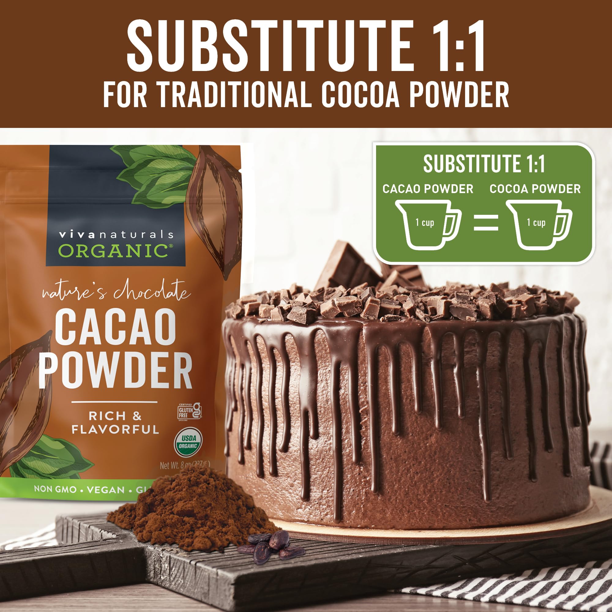 Viva Naturals Organic Cacao Powder in a baking dish ready for rich chocolate recipes.