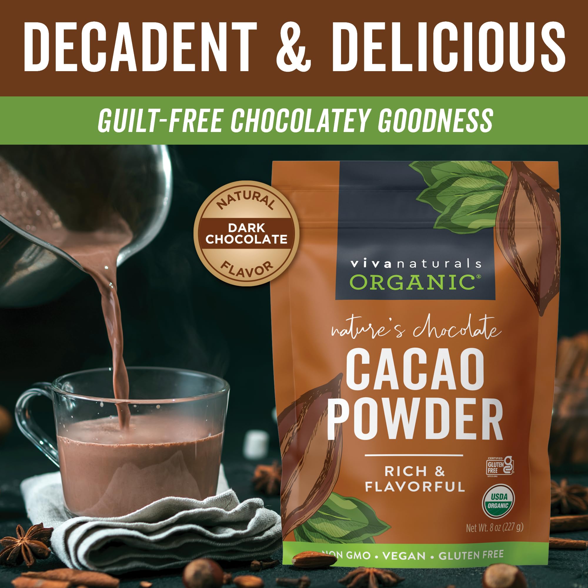Viva Naturals Organic Cacao Powder swirled into a hot chocolate mug for cozy sipping.