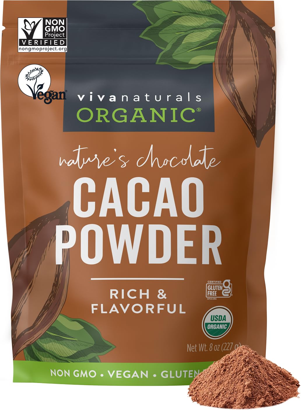 Viva Naturals Organic Cacao Powder jar front showcases unsweetened cacao for baking and smoothies.