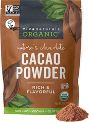 Viva Naturals Organic Cacao Powder jar front showcases unsweetened cacao for baking and smoothies.