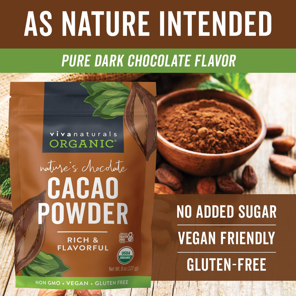 Viva Naturals Organic Cacao Powder stored on a pantry shelf for quick use.
