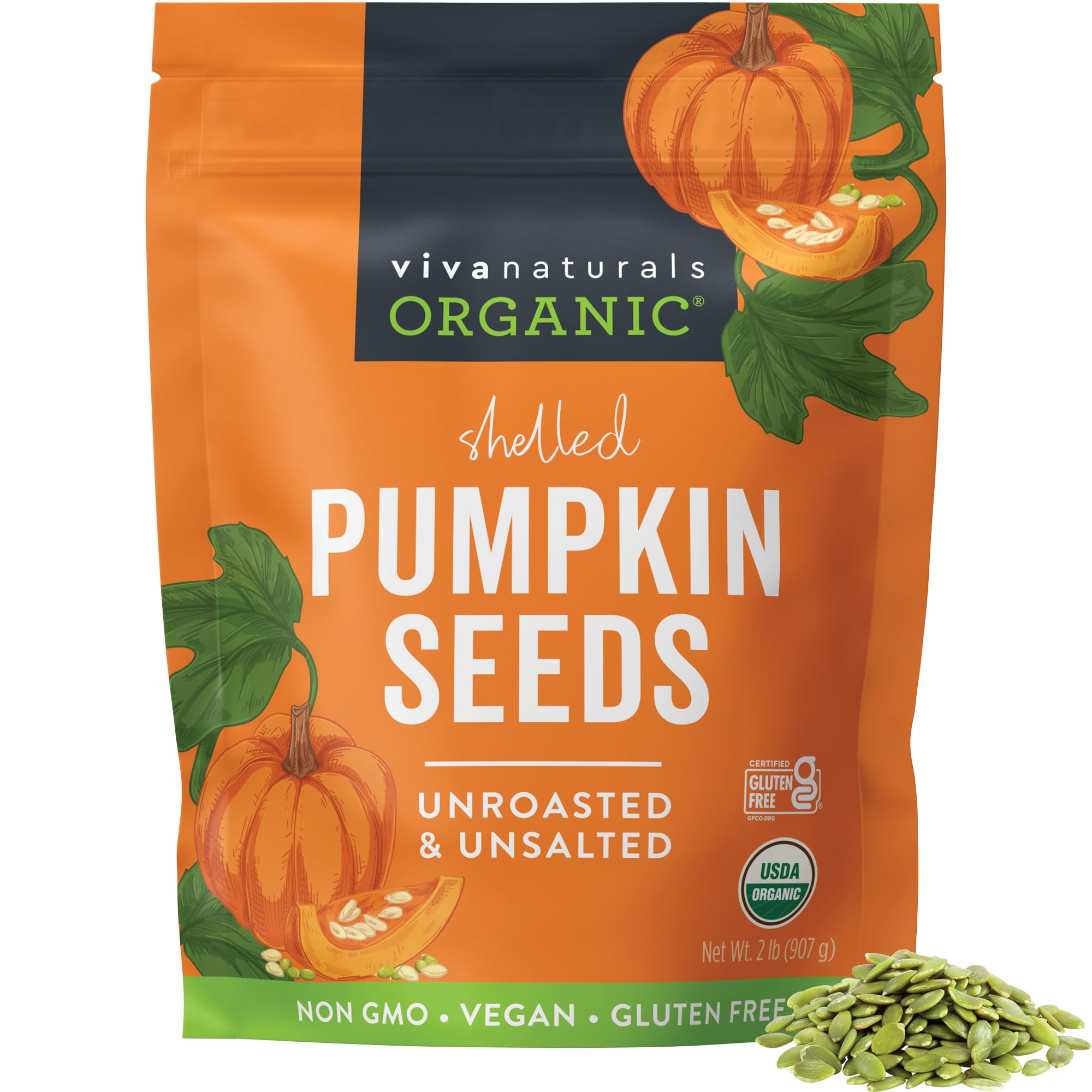 Viva Naturals Organic Pumpkin Seeds bag front, ideal for snacking and salads.