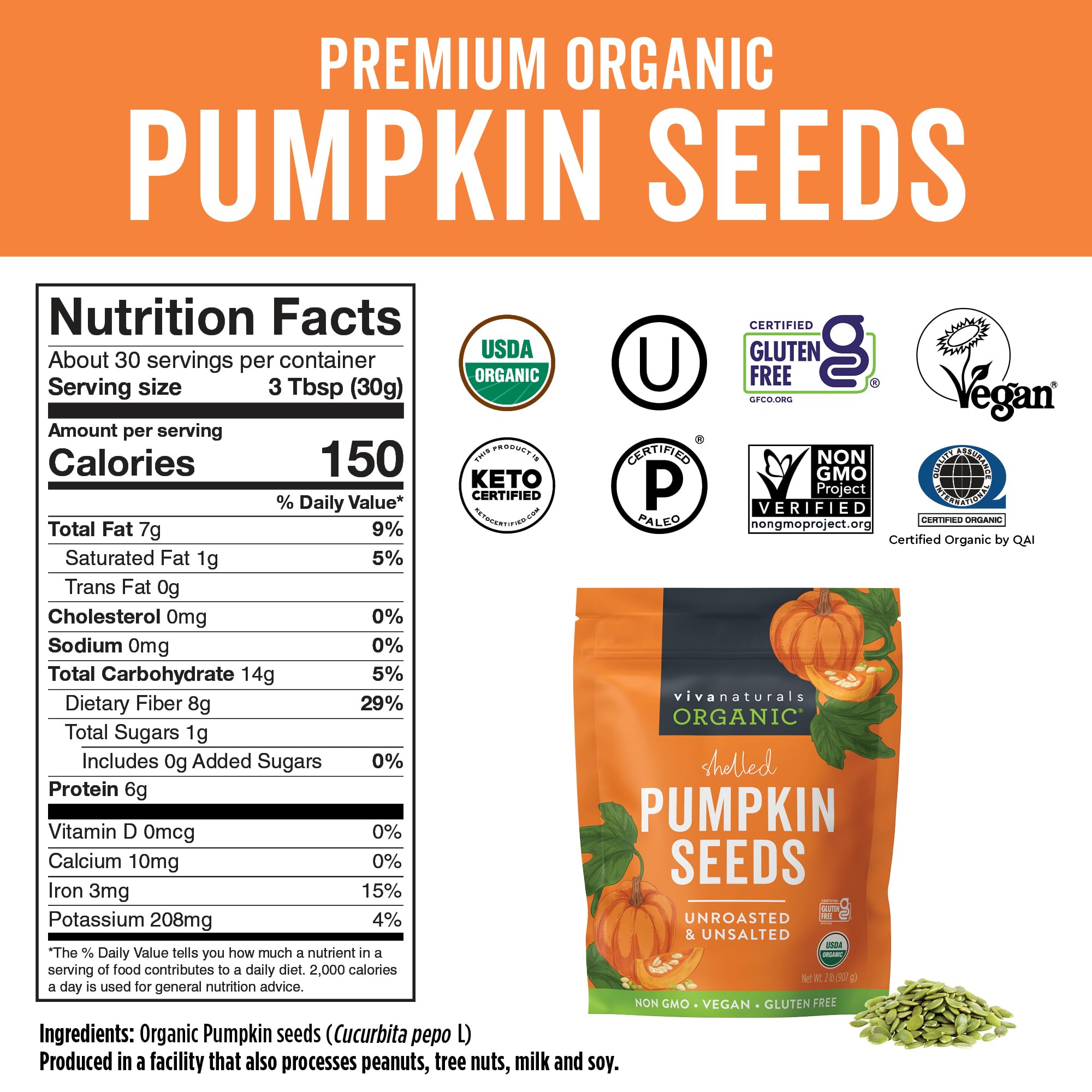 Viva Naturals pumpkin seeds in a bowl, perfect protein boost for meals.