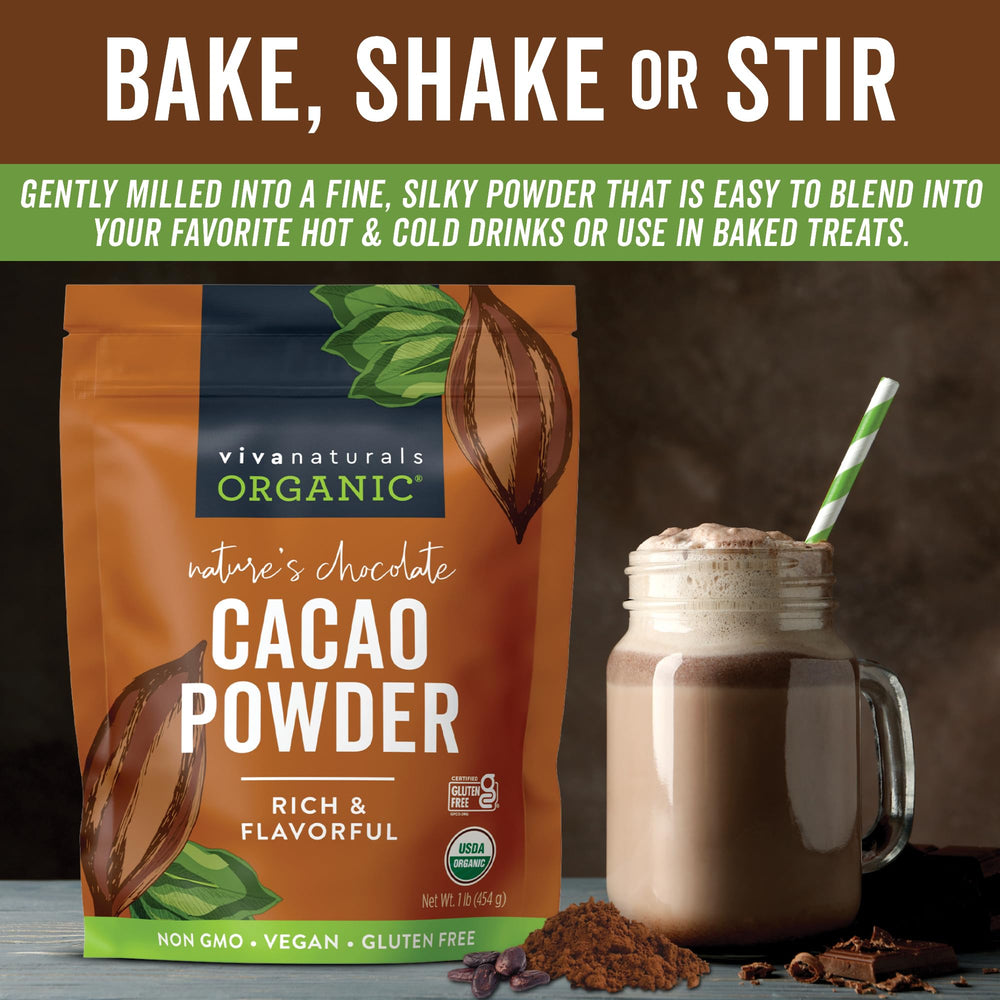 Viva Naturals unsweetened cacao powder – keto, vegan, gluten-free pantry staple.