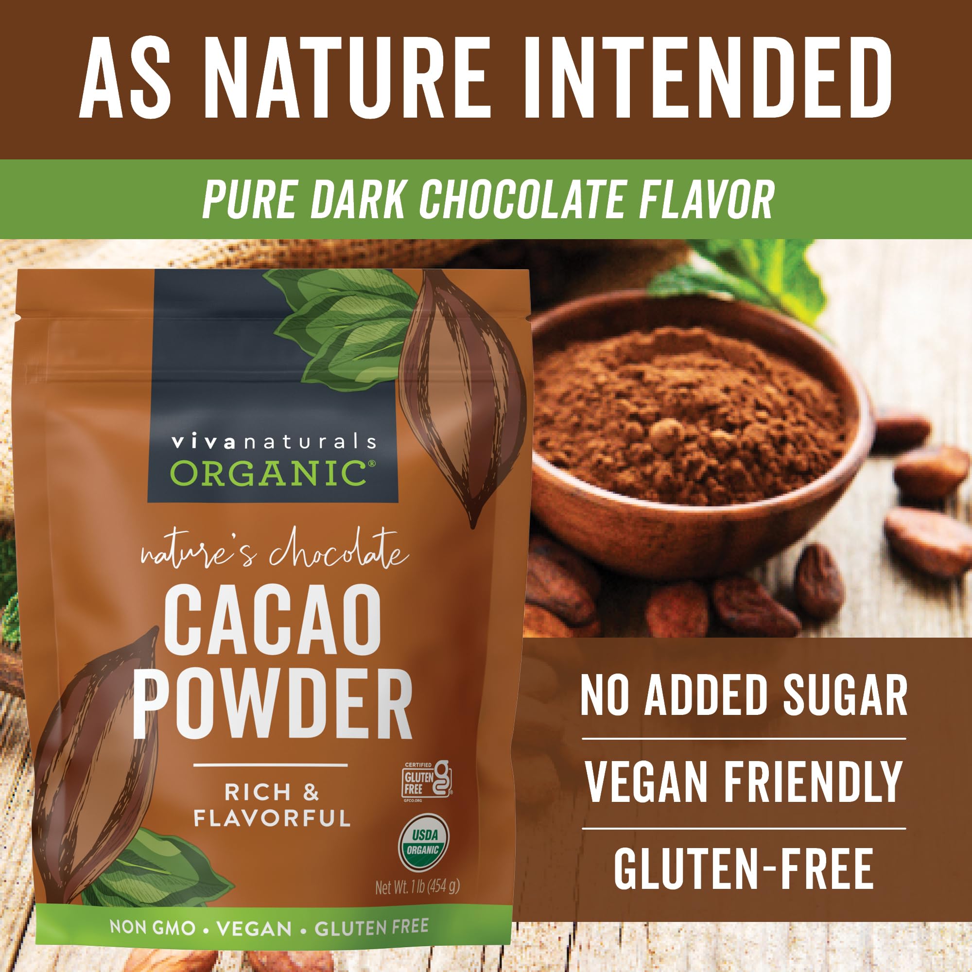 Viva Naturals cacao powder in hot chocolate cup – cozy, guilt-free indulgence.