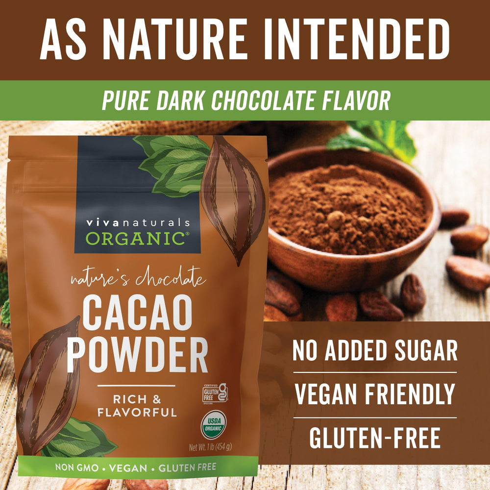 Viva Naturals cacao powder in hot chocolate cup – cozy, guilt-free indulgence.
