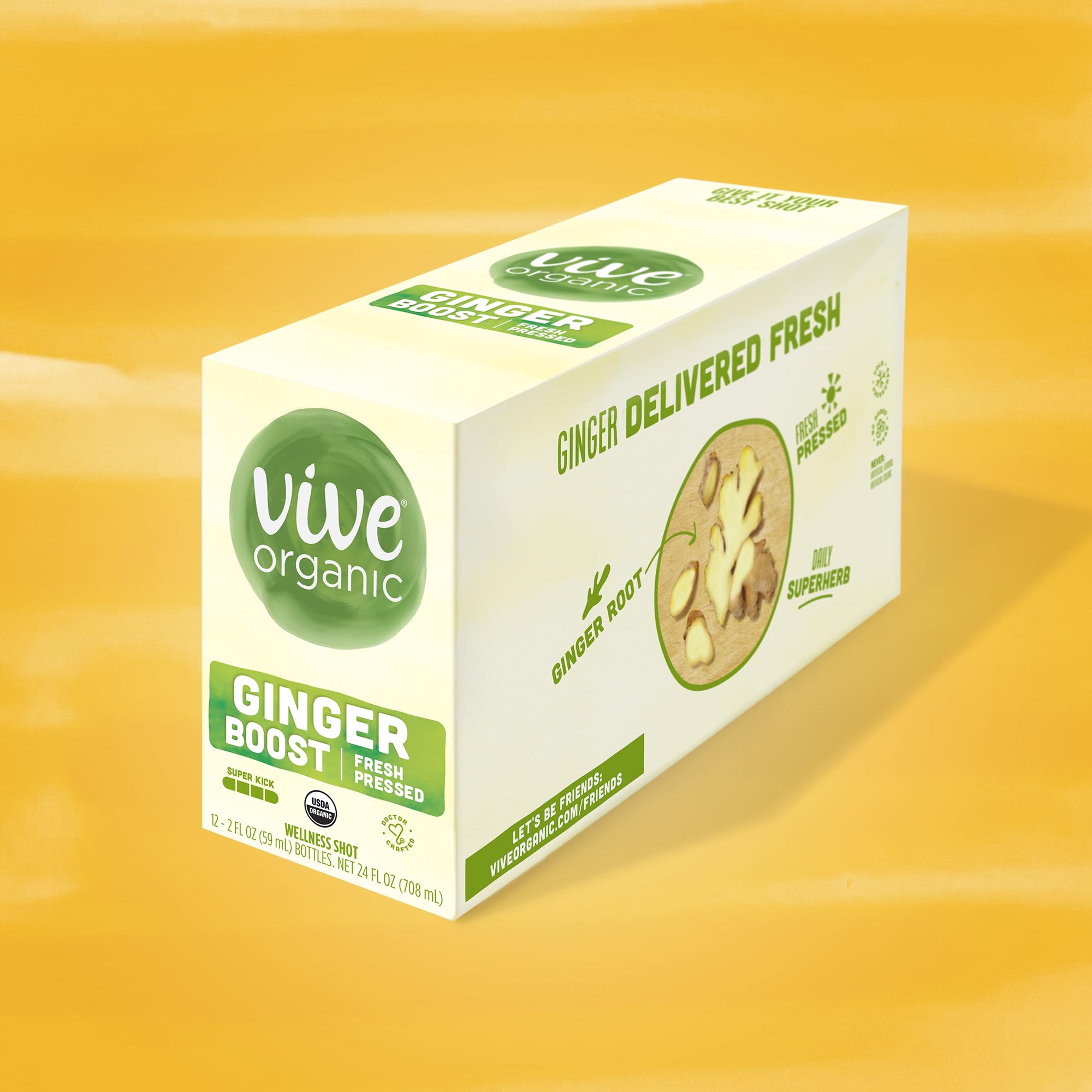 Vive Organic shot label closeup shows gluten-free and vegan credentials.