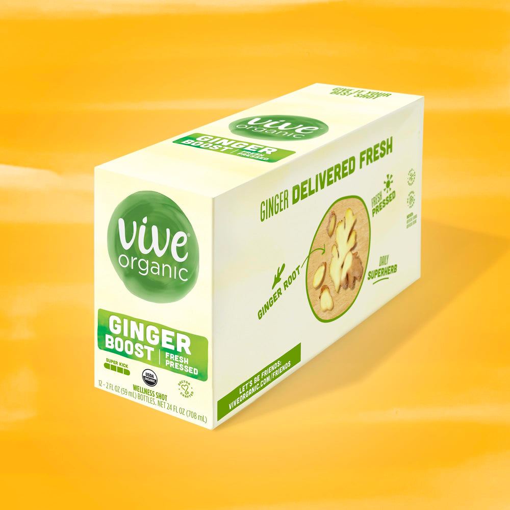 Vive Organic shot label closeup shows gluten-free and vegan credentials.