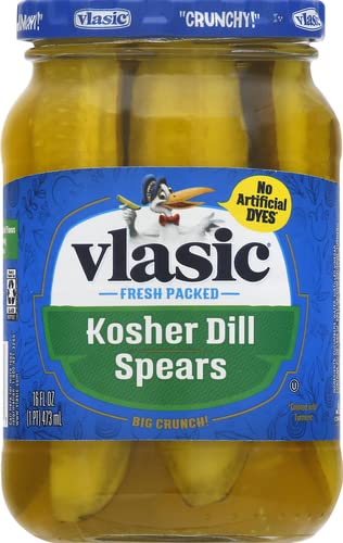 Vlasic Kosher Dill Spear Pickles in a 16oz jar deliver crisp crunch and bright dill aroma
