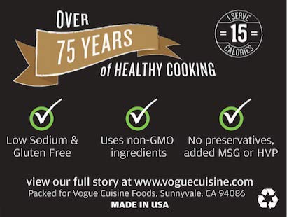 Label detail showing gluten-free and vegan certification on Vogue Cuisine base.