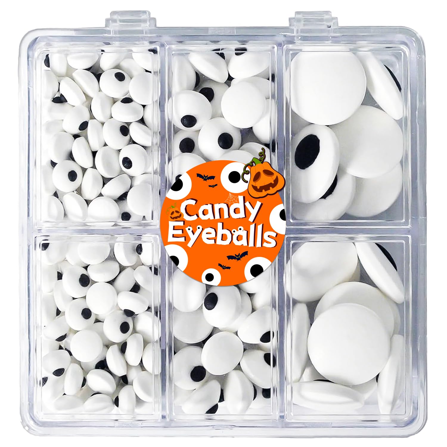 VoKaSar edible eyes sprinkles in three sizes arranged for cake decorating versatility.