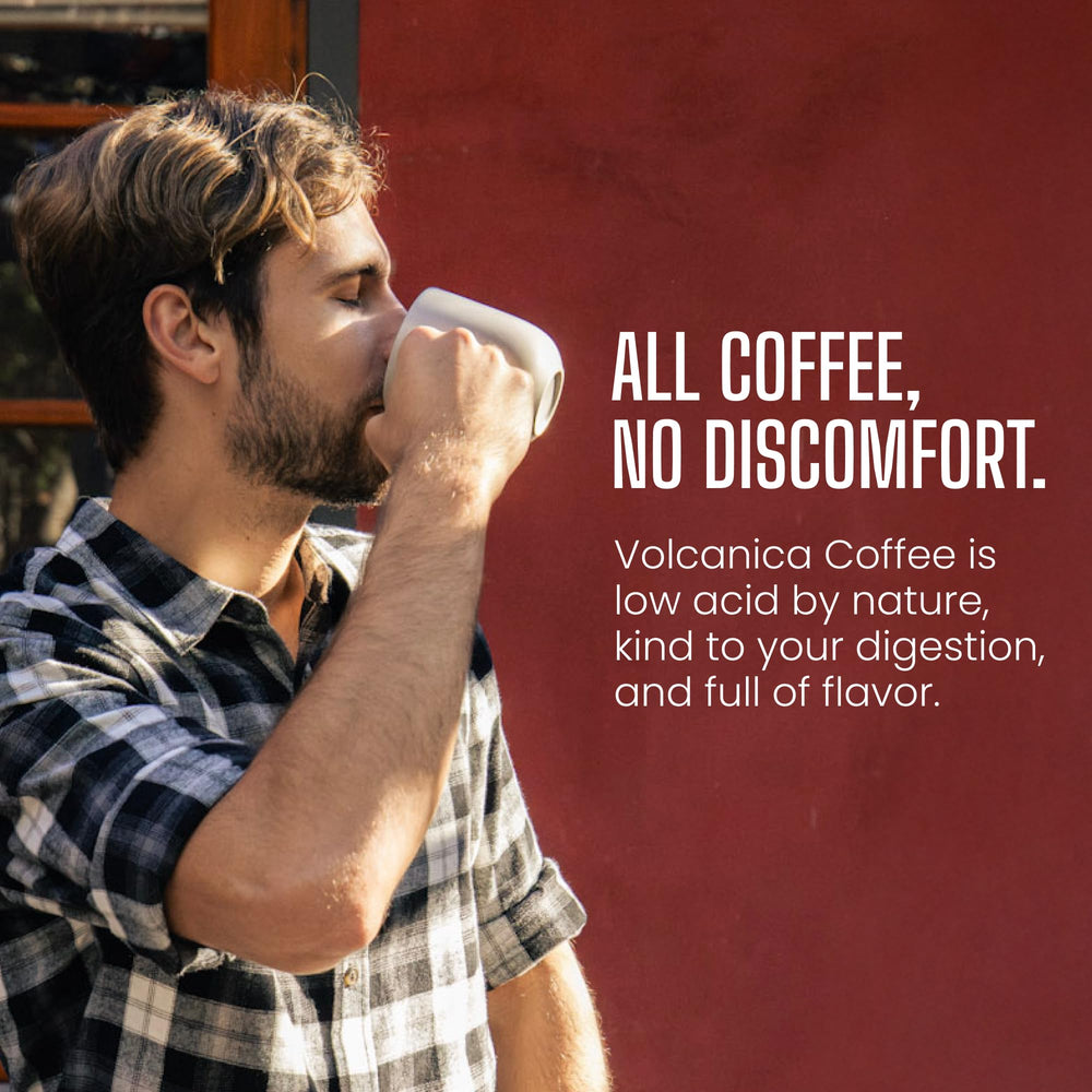 Volcanica Low Acid steaming cup highlights a gentle, balanced aroma