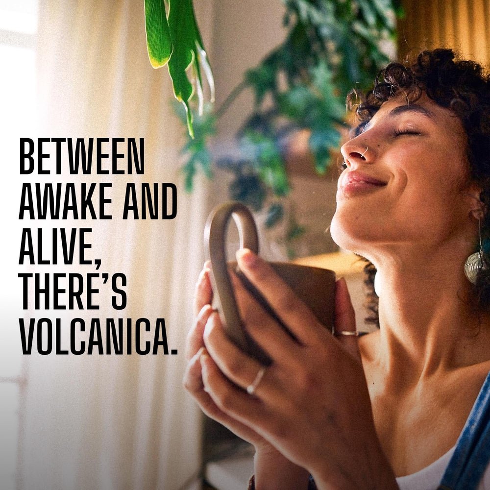 Volcanica steaming cup aroma highlights inviting espresso notes.