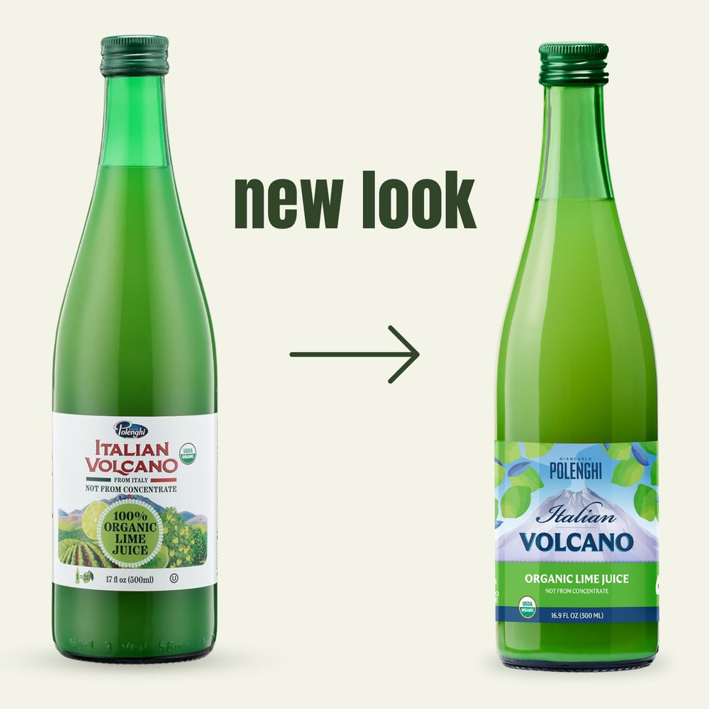 Volcano Juice Lime label close-up showing organic certification and premium ingredients