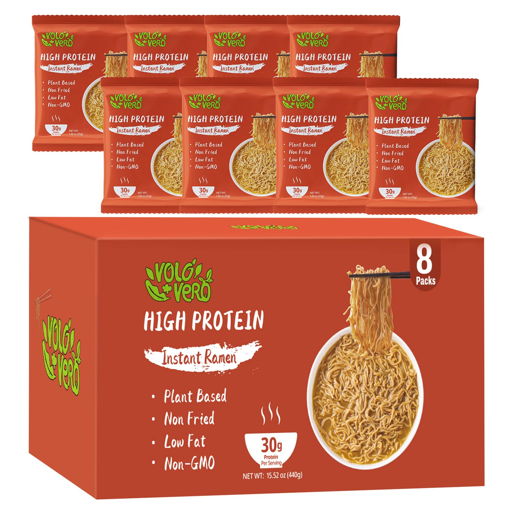 VOLO VERO high-protein ramen packaging shows clean plant-based nutrition for busy days.