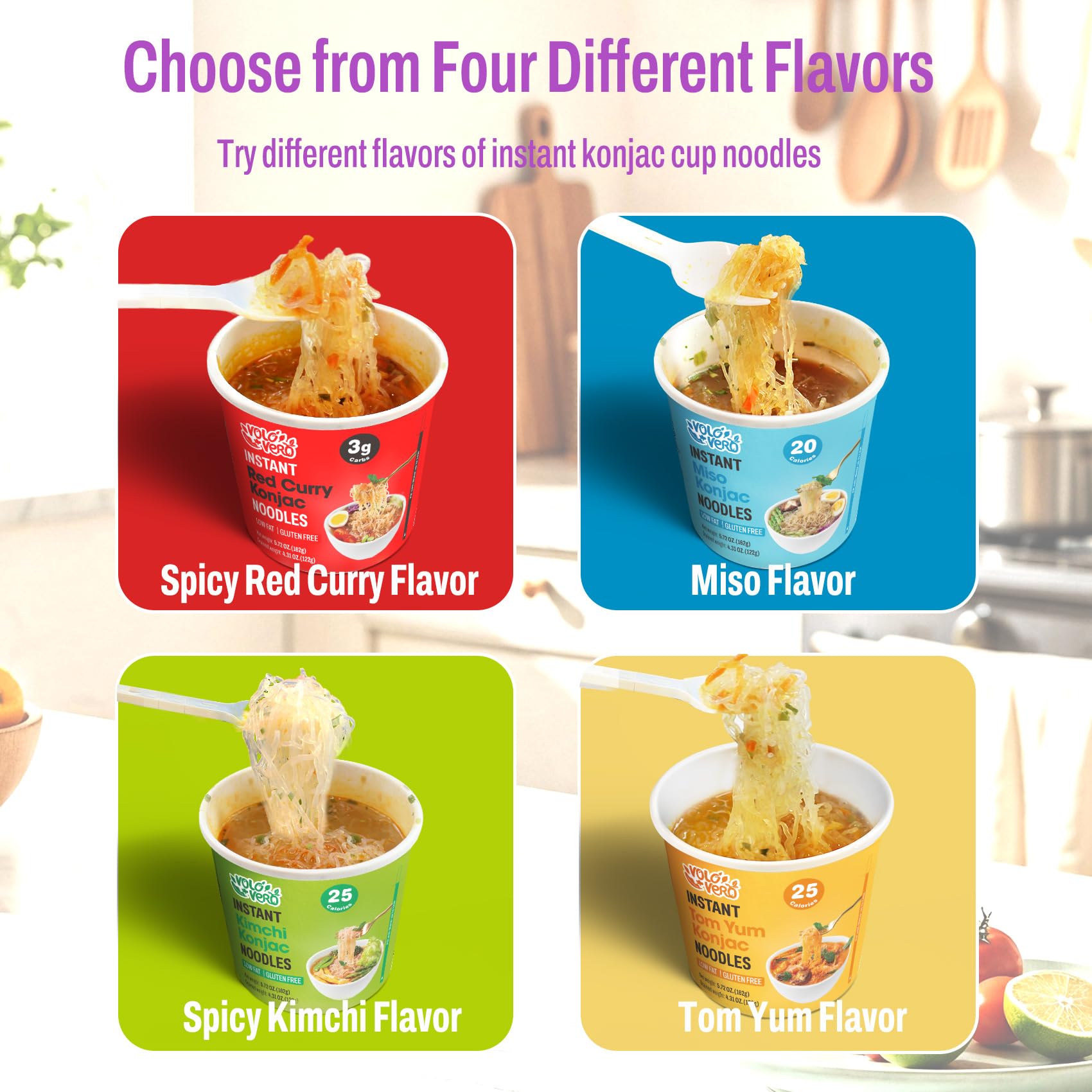 VOLO VERO Konjac Noodles variety-pack ingredients highlight plant-based, gluten-free options.