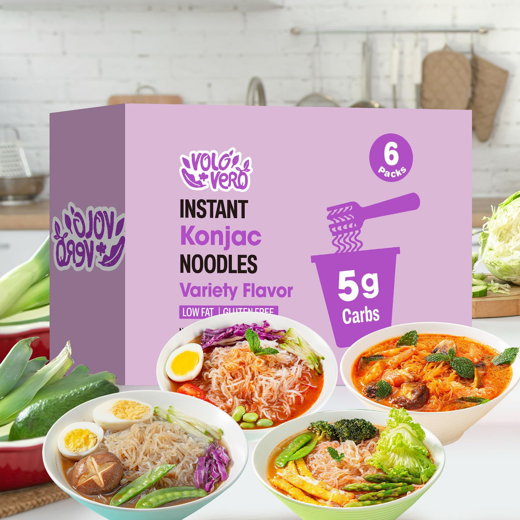 VOLO VERO Konjac Noodles meal-prep concept with angel hair texture.