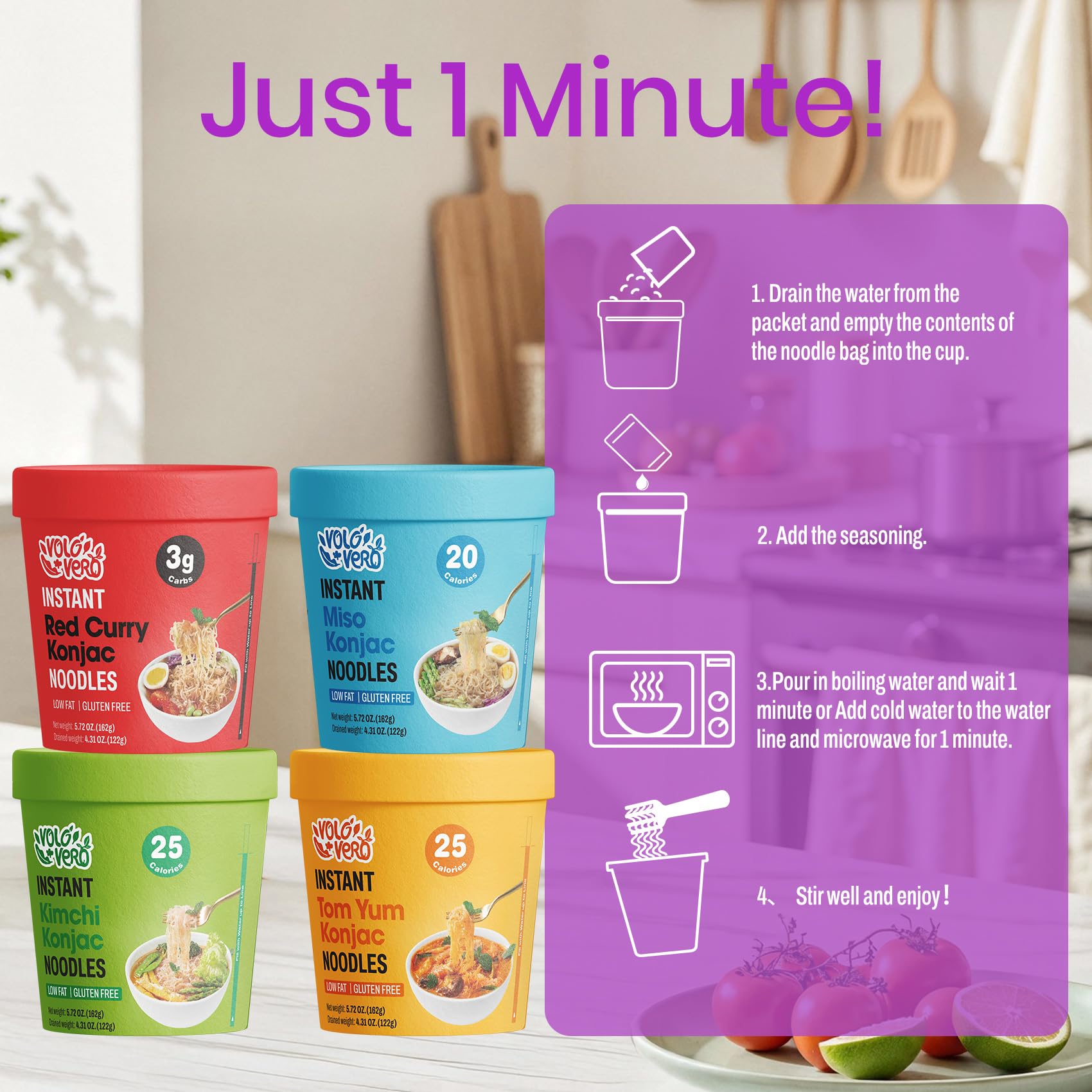 VOLO VERO Konjac Noodles ready-to-heat cups for quick meals.