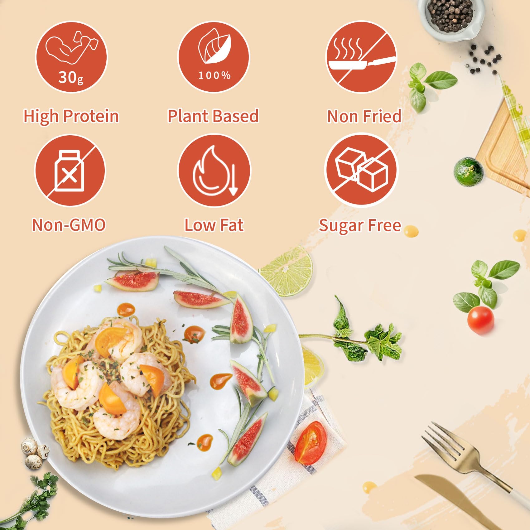 VOLO VERO plain noodles close-up emphasizes non-GMO ingredients.