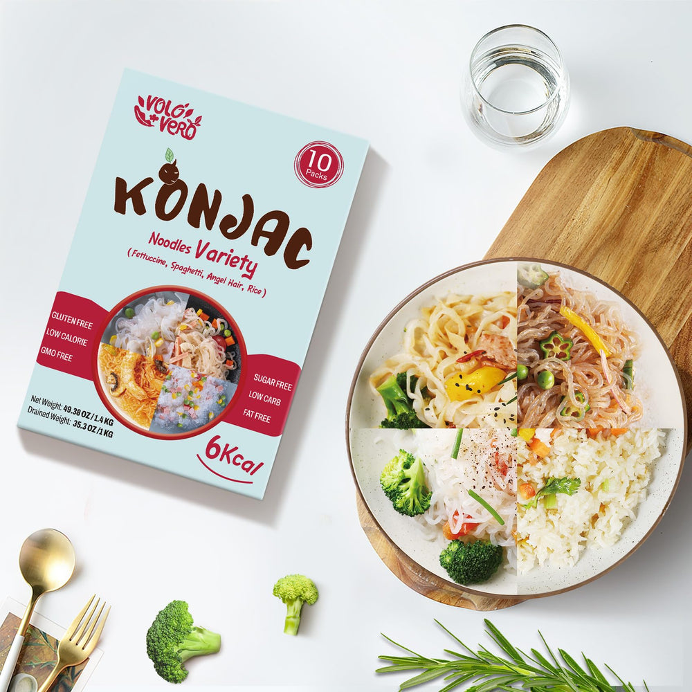 Volovero Konjac Noodles close-up texture, translucent and low-carb appeal
