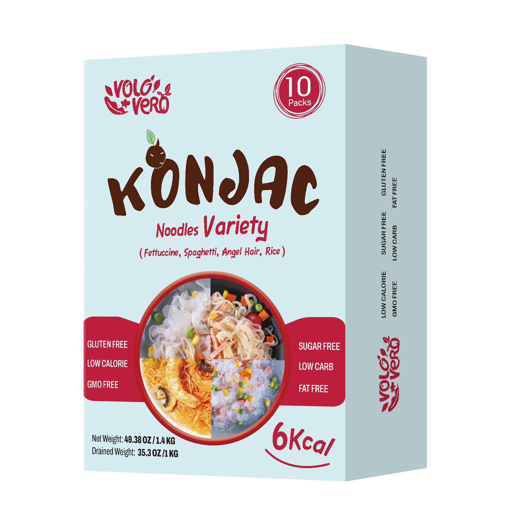 Volovero Konjac Noodles variety pack front view, versatile low-carb pasta option